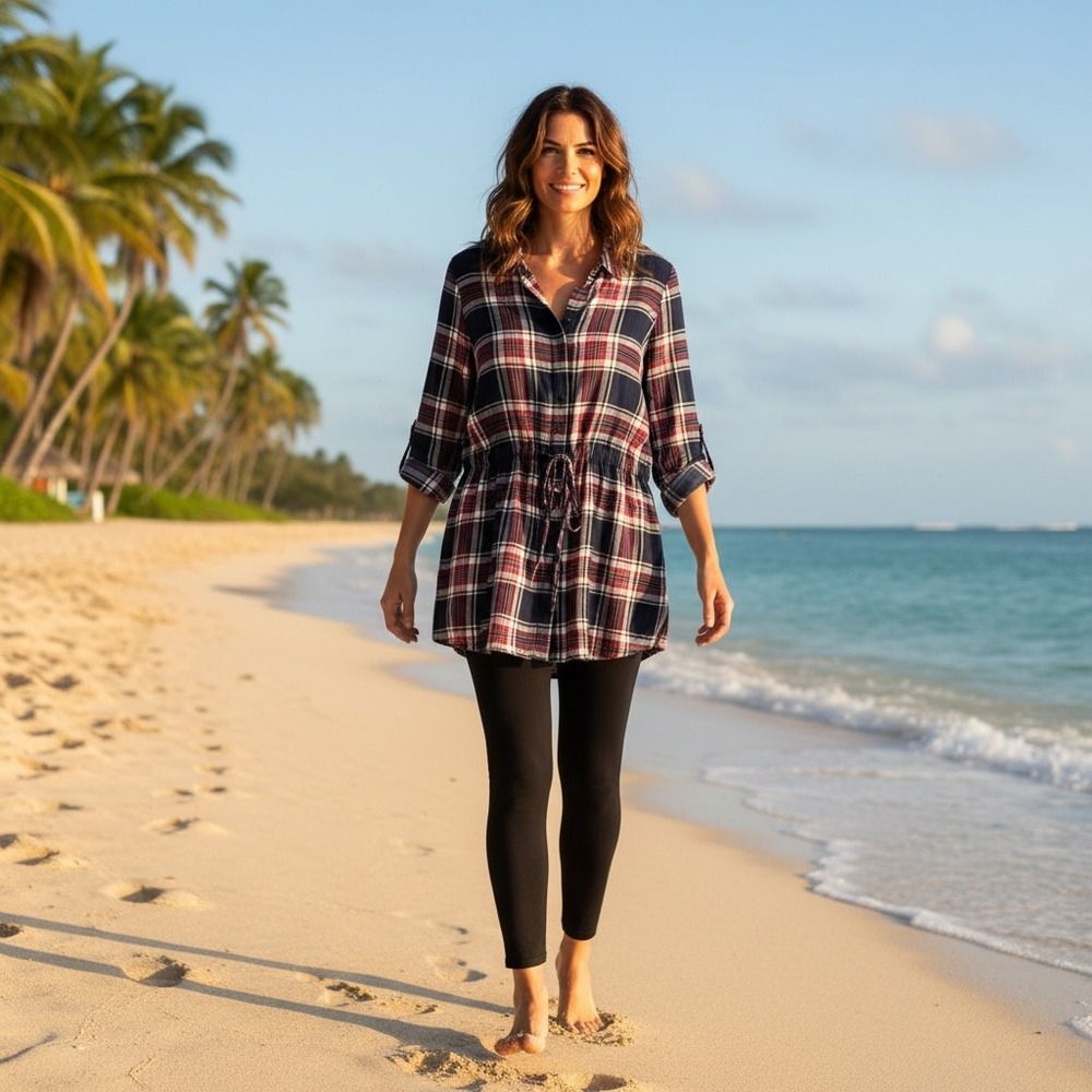 Lane‎ Bryant Plaid Tunic Drawstring Waist Button Roll Tab Sleeves Women 18 20